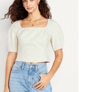 Old Navy Ecru Square-Neck Puff Sleeve Crop Top